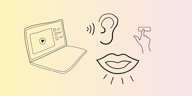A laptop, a ear, a mouth and a pointing gesture, illustration.