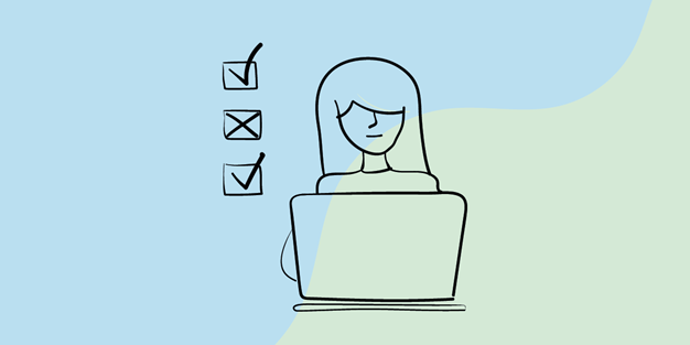 En person som arbetar vid en dator och en stor checklista, illustration.