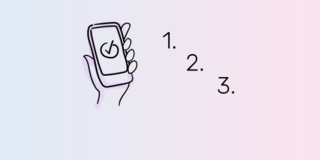 En hand som håller i en mobiltelefon samt sifforna 1,2,3, illustration.
