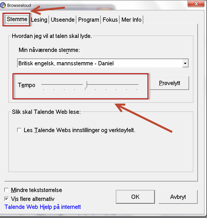 Dialogboks i Talende Web der du kan justre hastigheten på stemmen. Skjermbilde