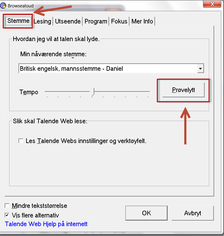 Dialogboks i Talende Web der du kan prøvelytte på stemmen du har valgt. Skjermbilde