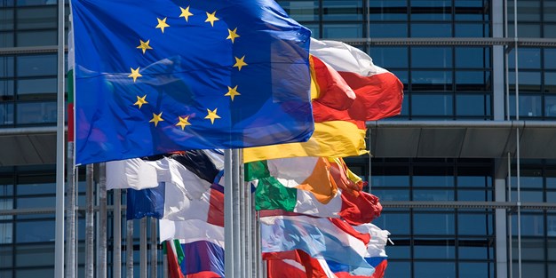 EU samt EU-ländernas flaggor. Foto