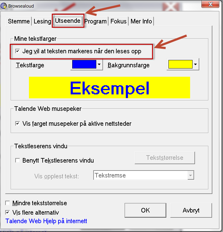 Dialogboks i Talende Web hvor valget "jeg vil at teksten markeres når den leses opp" er huket av. Skjermbilde