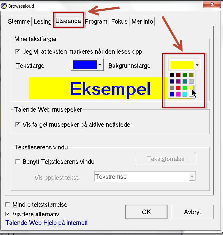 Dialogboks i Talende Web hvor du kan velge bakgrunnsfarge til den markerte teksten. Skjermbilde