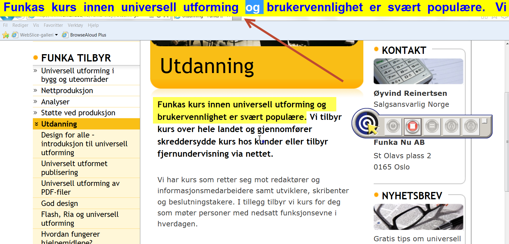 Tekstremsen til Talende Web vises øverst på nettsiden. Det ordet som leses opp blir markert. Skjermbilde 