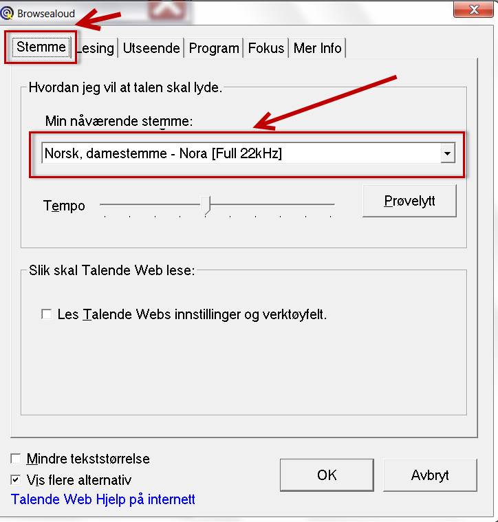 Talende Webs innstillinger der fanen Stemme er valgt. Nedenfor er den norsk stemme valgt i rullgardingmenyen. 