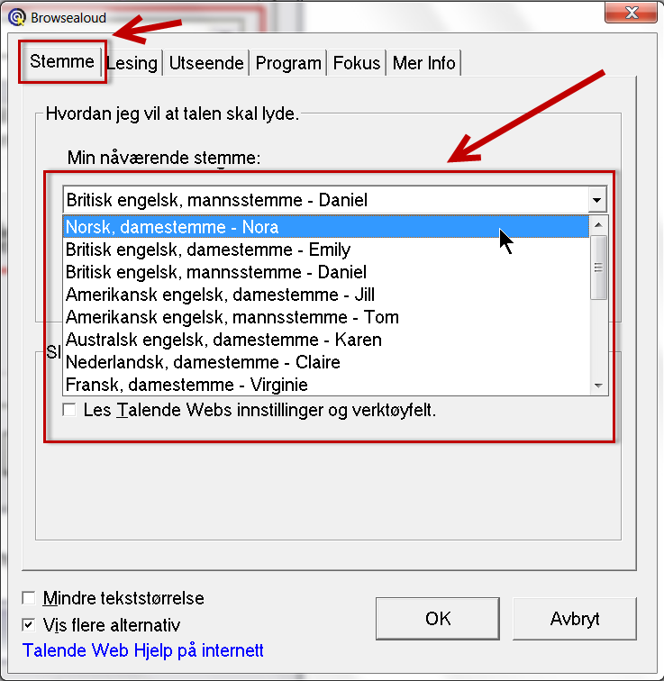 Talende Webs innstillinger der fanen Stemme er valgt. Nedenfor vises alle de forskjellige stemmene man kan velge mellom. 