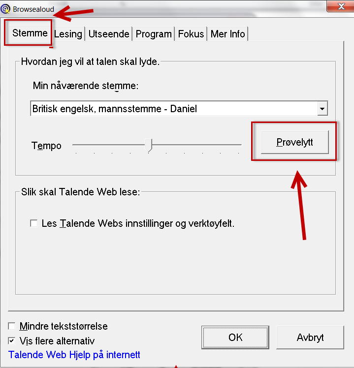 Talende Webs innstillinger der fanen Stemme er valgt. Nedenfor ver knappen "Prøvelytt" markert med rød firkant.