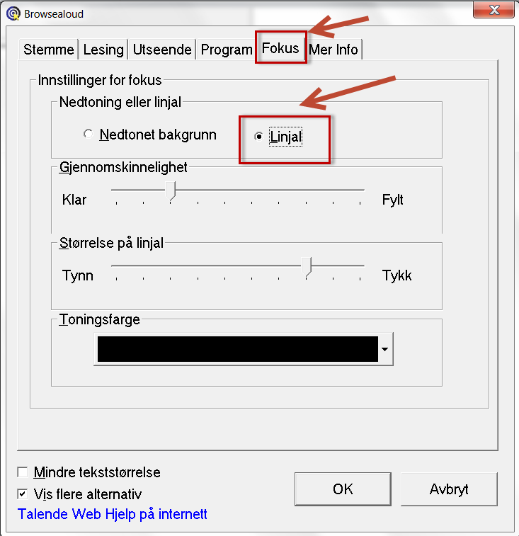 Dialogboks der leselinjal er valgt. Skjermbilde