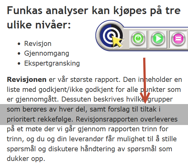 Nettside der fokus er synlig i form av en mørk leselinjal. Skjermbilde 