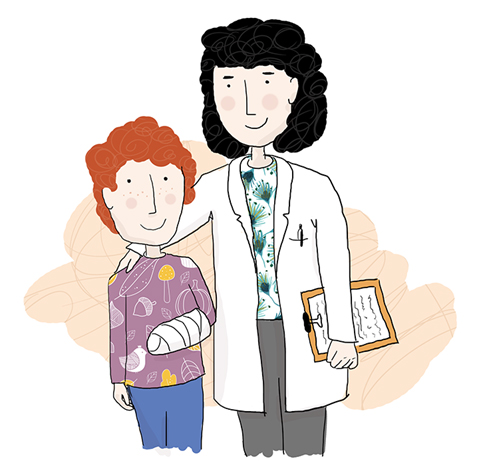 Ett barn med bandage på armen och en läkare med handen på barnets axel, illustration.