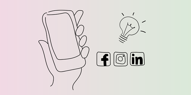 Mobiltelefon hålls upp av en hand, en glödlampa och Facebook, Instagram och LinkedIn-ikoner, illustration.