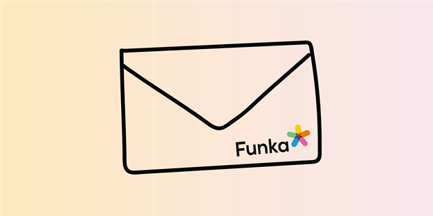 Ett kuvert med Funkas logotyp, illustration.