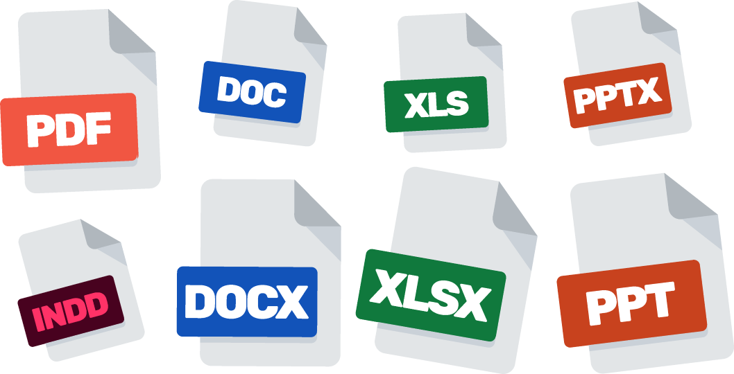 Ikoner till PDF, Word, PowerPoint, Excel, InDesign.